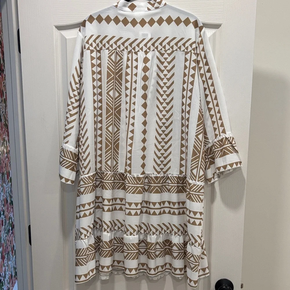 Silk & Salt White and Tan Geometric Print Dress - Picture 5 of 6